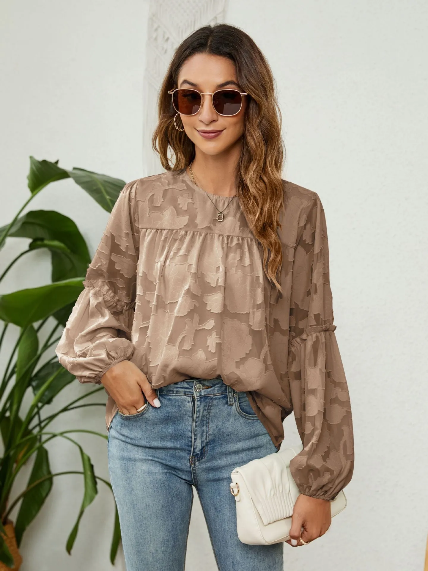 Lantern Sleeve Round Neck Pleated Shirt