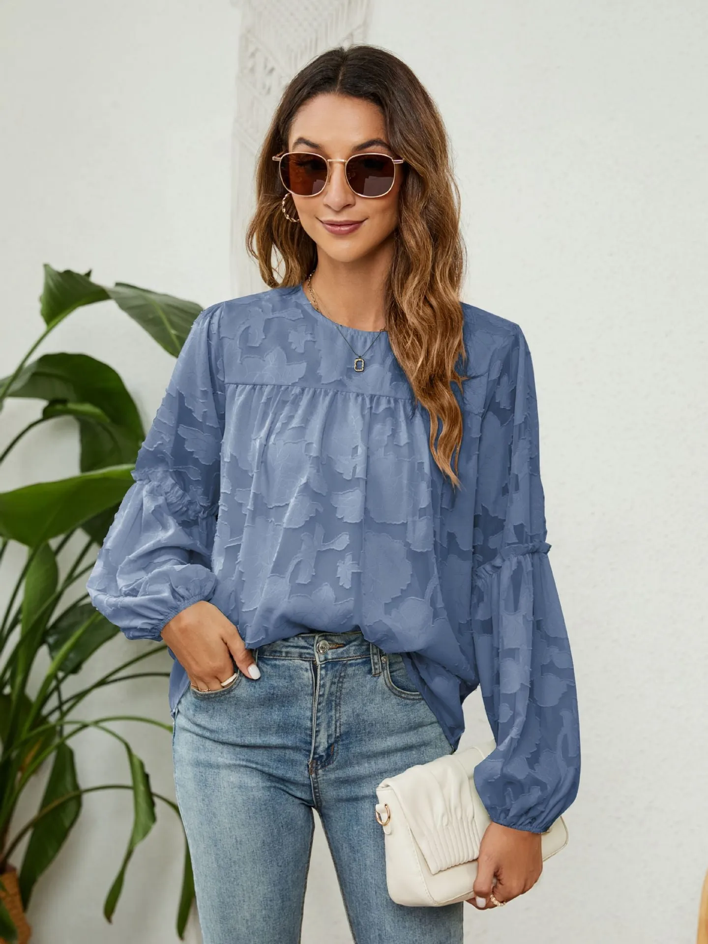 Lantern Sleeve Round Neck Pleated Shirt