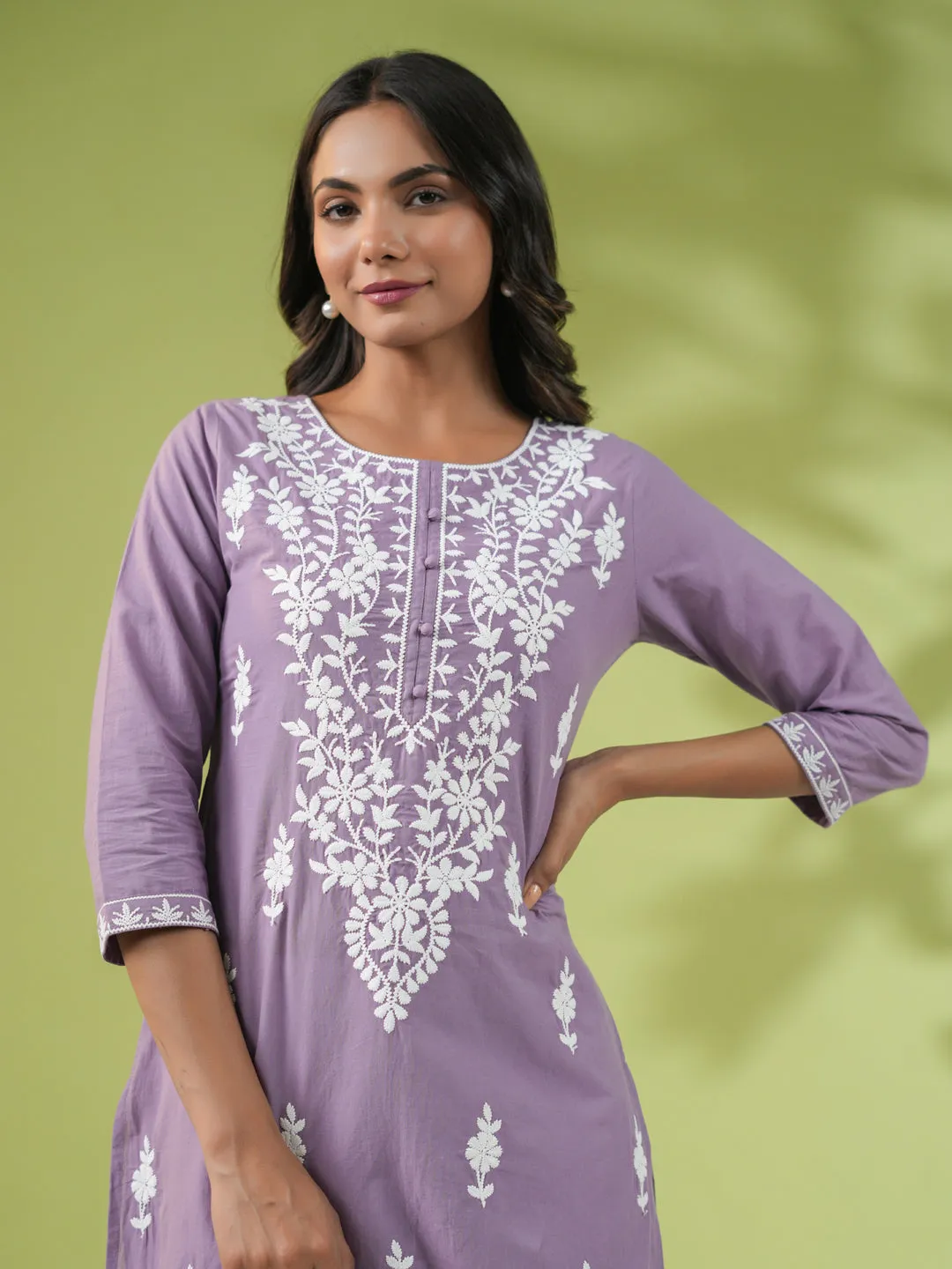 Lavender Cambric Embroidered Straight Tunic