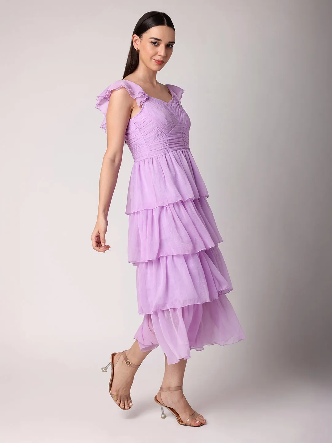 Lilac Rushed Tiered Dress