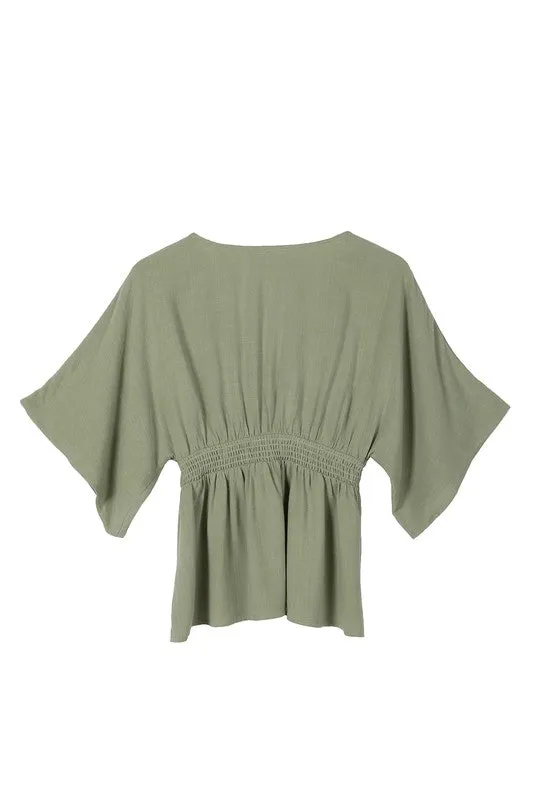 LILOU Deep V neck Sage Buttoned Top with Draped Sleeves