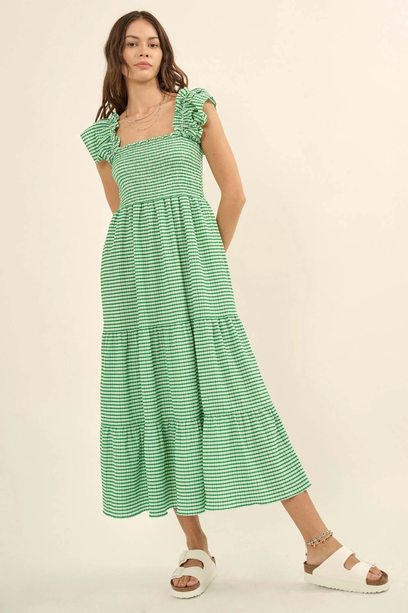 Lollipop Lane Smocked Gingham Tiered Midi Dress