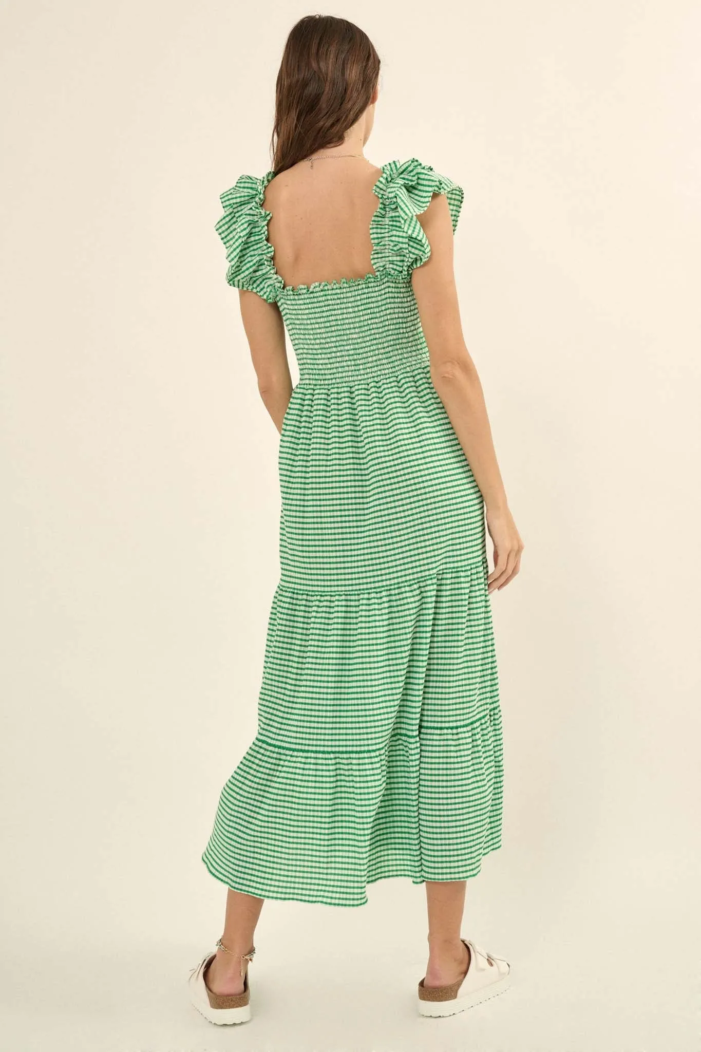 Lollipop Lane Smocked Gingham Tiered Midi Dress