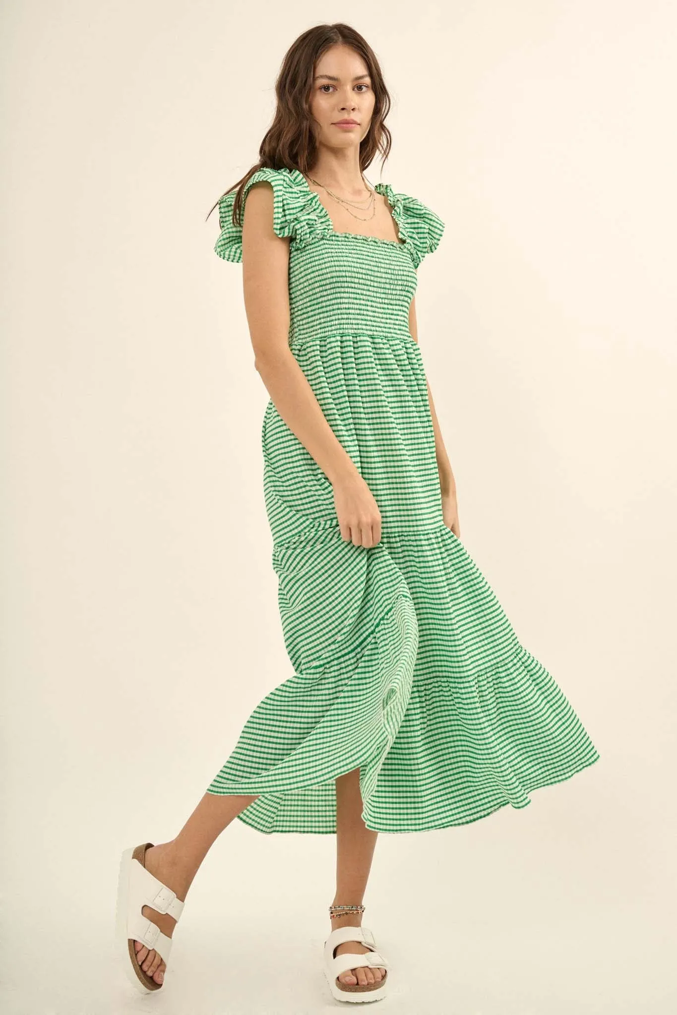 Lollipop Lane Smocked Gingham Tiered Midi Dress