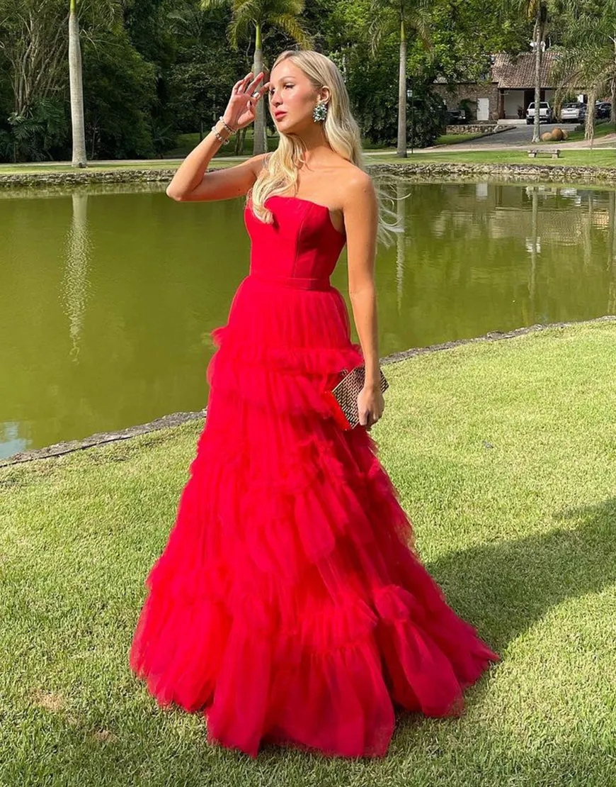 Matilda |Red A-Line Strapless Ruffled Tulle Evening Dress