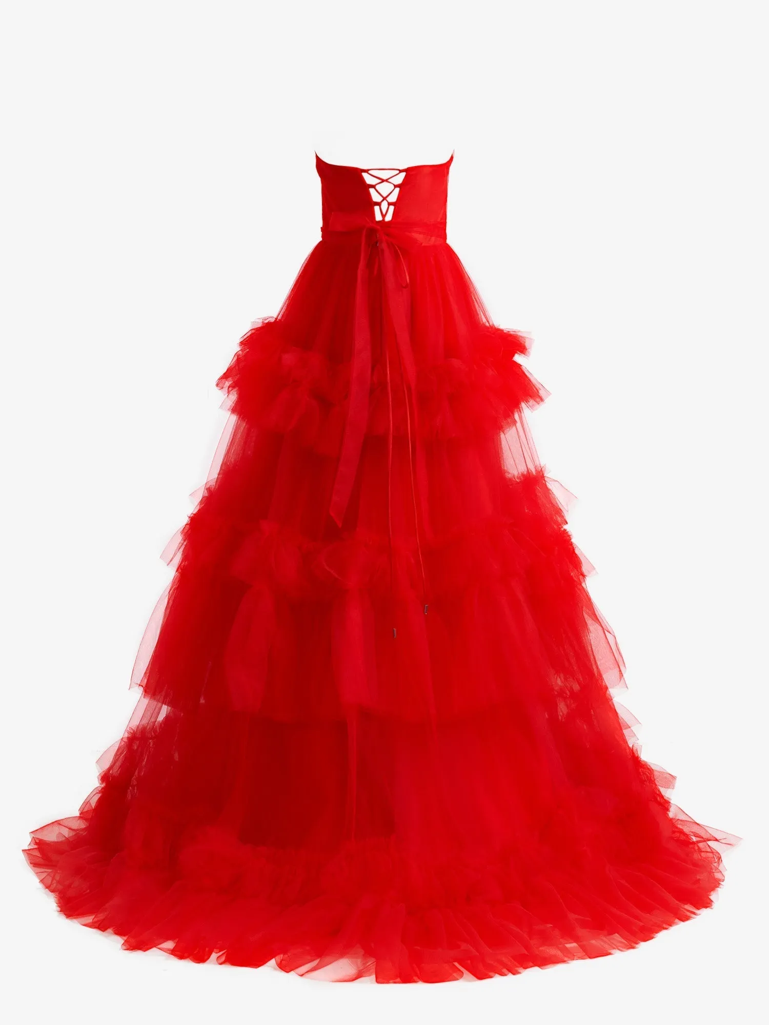 Matilda |Red A-Line Strapless Ruffled Tulle Evening Dress