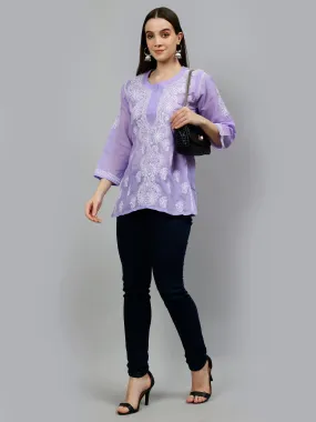 Mauve Terivoil Cotton Embroidered Chikankari Short Tunic