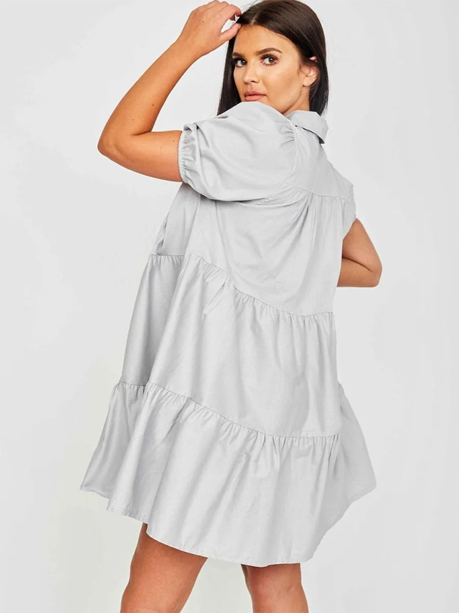 Mia Button-Front Tiered Smock Dress In Grey