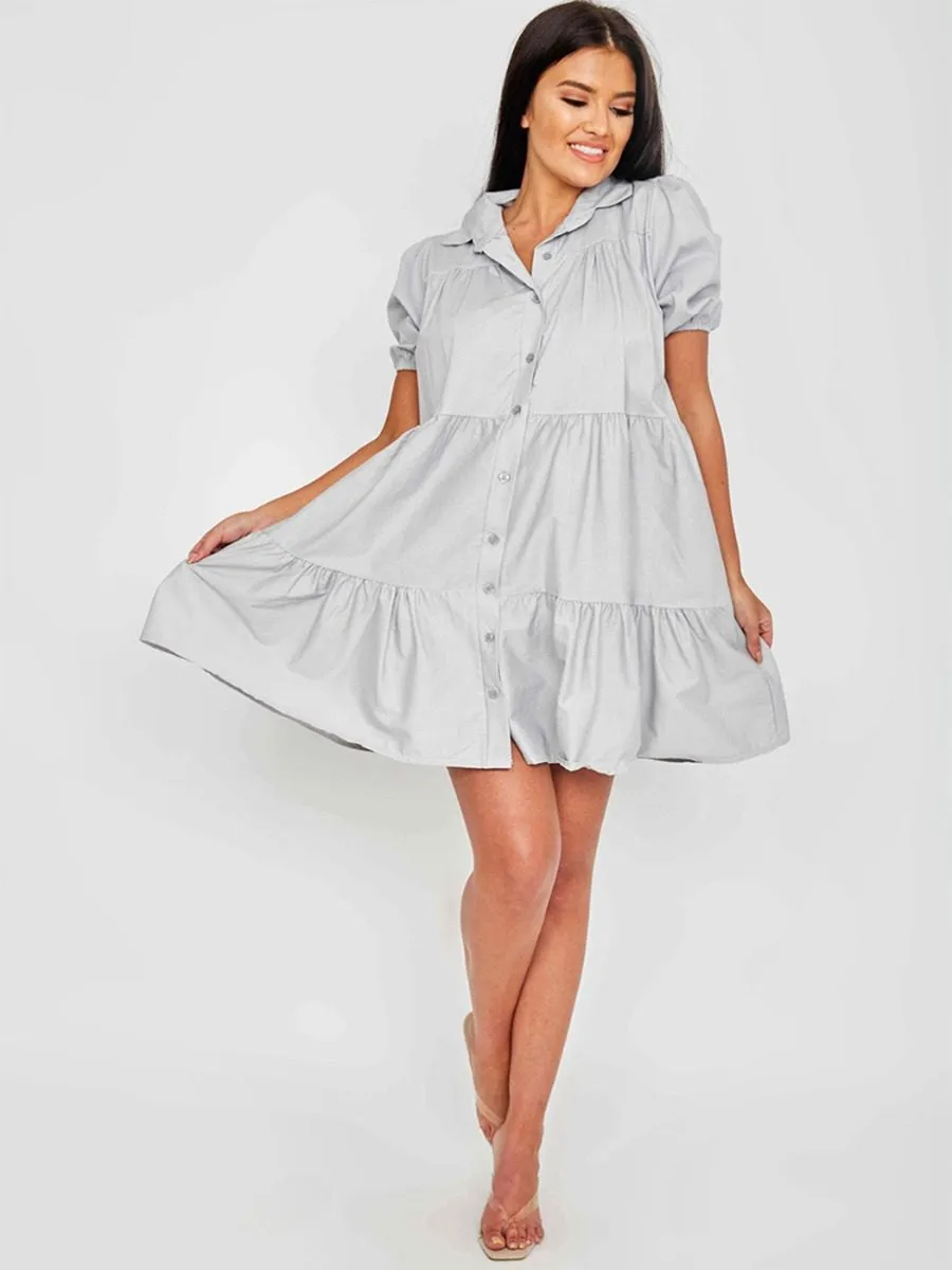 Mia Button-Front Tiered Smock Dress In Grey