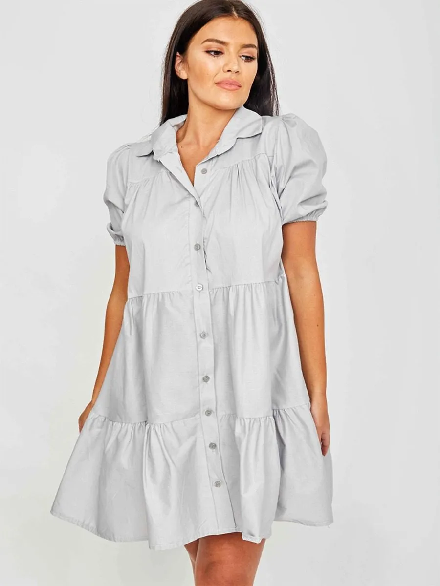 Mia Button-Front Tiered Smock Dress In Grey