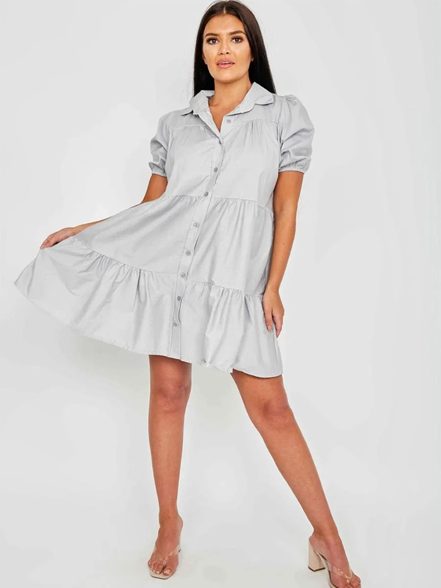 Mia Button-Front Tiered Smock Dress In Grey