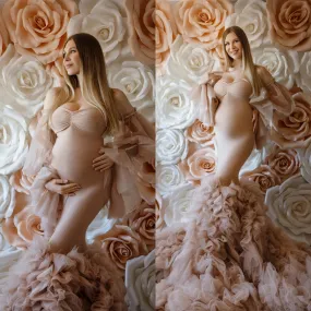 MQTIME  -  Champagne Mermaid Maternity Dresses Off Shoulder Tiered Ruffles Pregnant Women Photography Robes Vintage Baby Shower Gowns