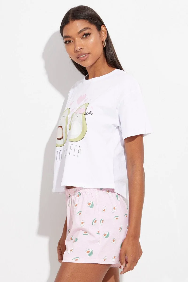 Multi Print Avocado Pj Graphic Jersey Pyjama 2 Piece Set