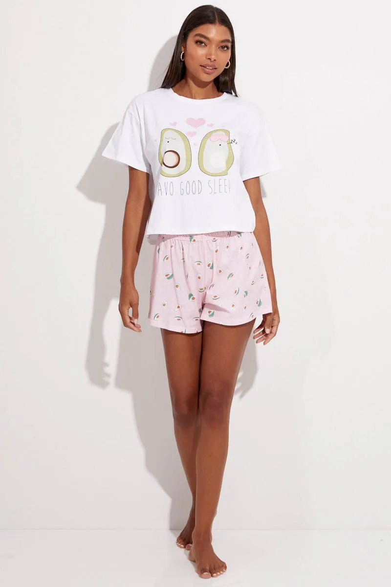 Multi Print Avocado Pj Graphic Jersey Pyjama 2 Piece Set