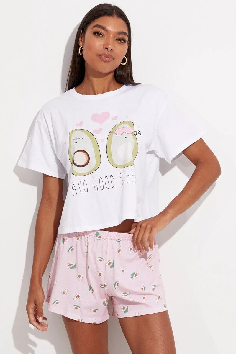 Multi Print Avocado Pj Graphic Jersey Pyjama 2 Piece Set