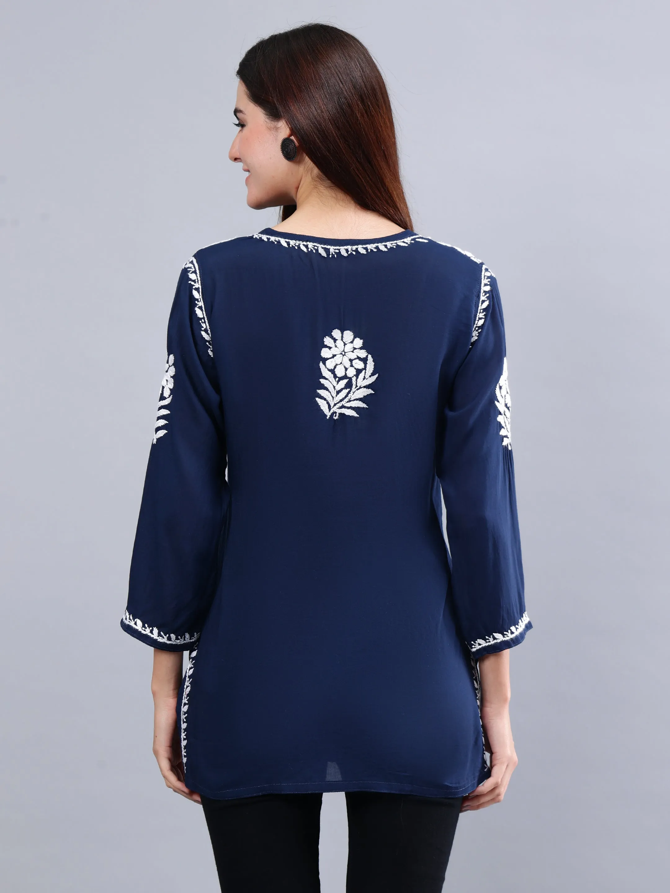 Navy Blue Modal Embroidered Chikankari Short Tunic