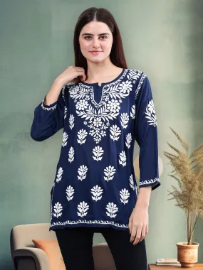 Navy Blue Modal Embroidered Chikankari Short Tunic