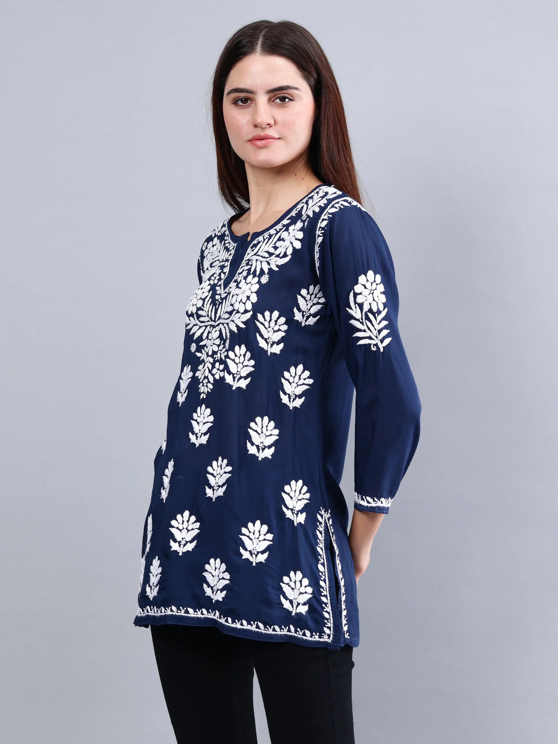 Navy Blue Modal Embroidered Chikankari Short Tunic