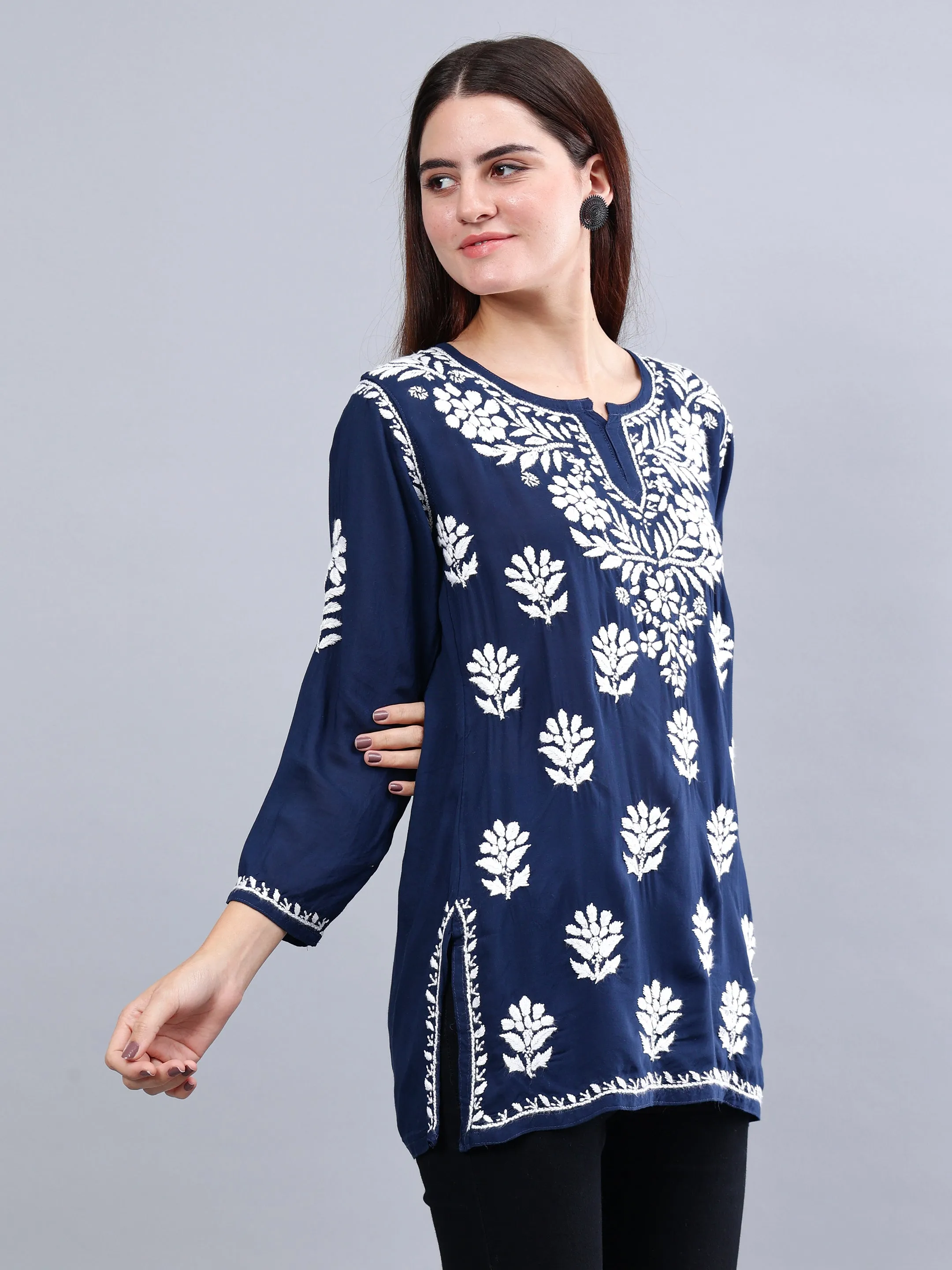 Navy Blue Modal Embroidered Chikankari Short Tunic