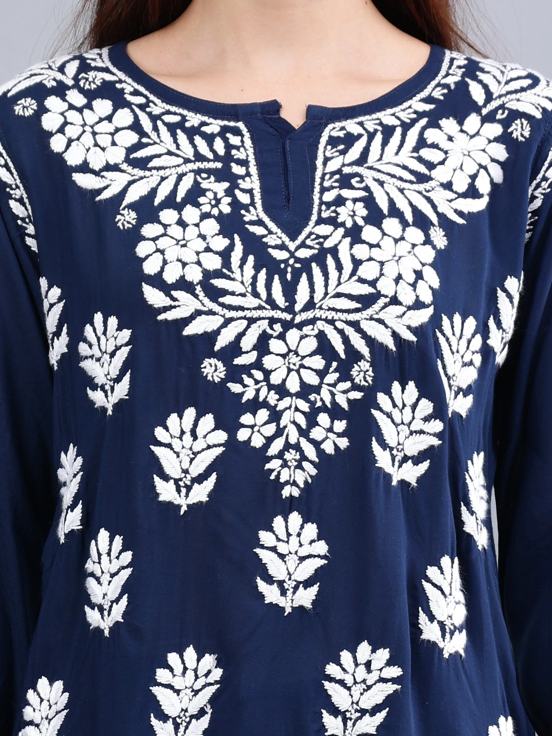 Navy Blue Modal Embroidered Chikankari Short Tunic