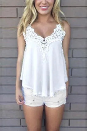 OEM ODM V-Neck Crochet Lace Embellished Sleeveless White Camis