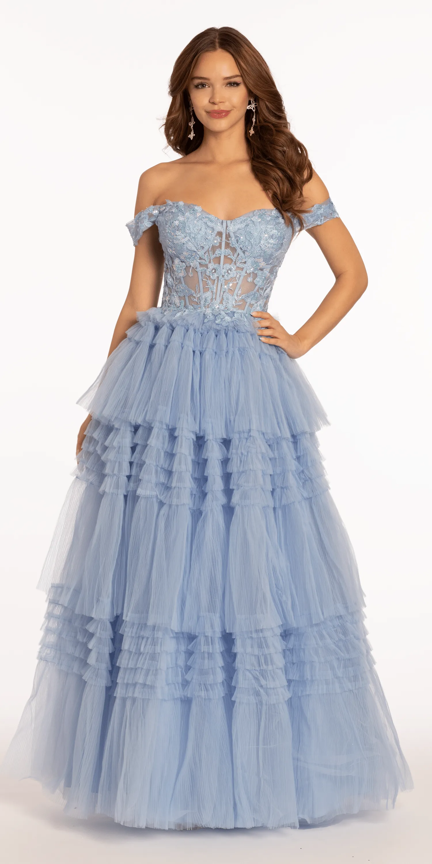 Off the Shoulder Mesh Applique Tiered Ballgown