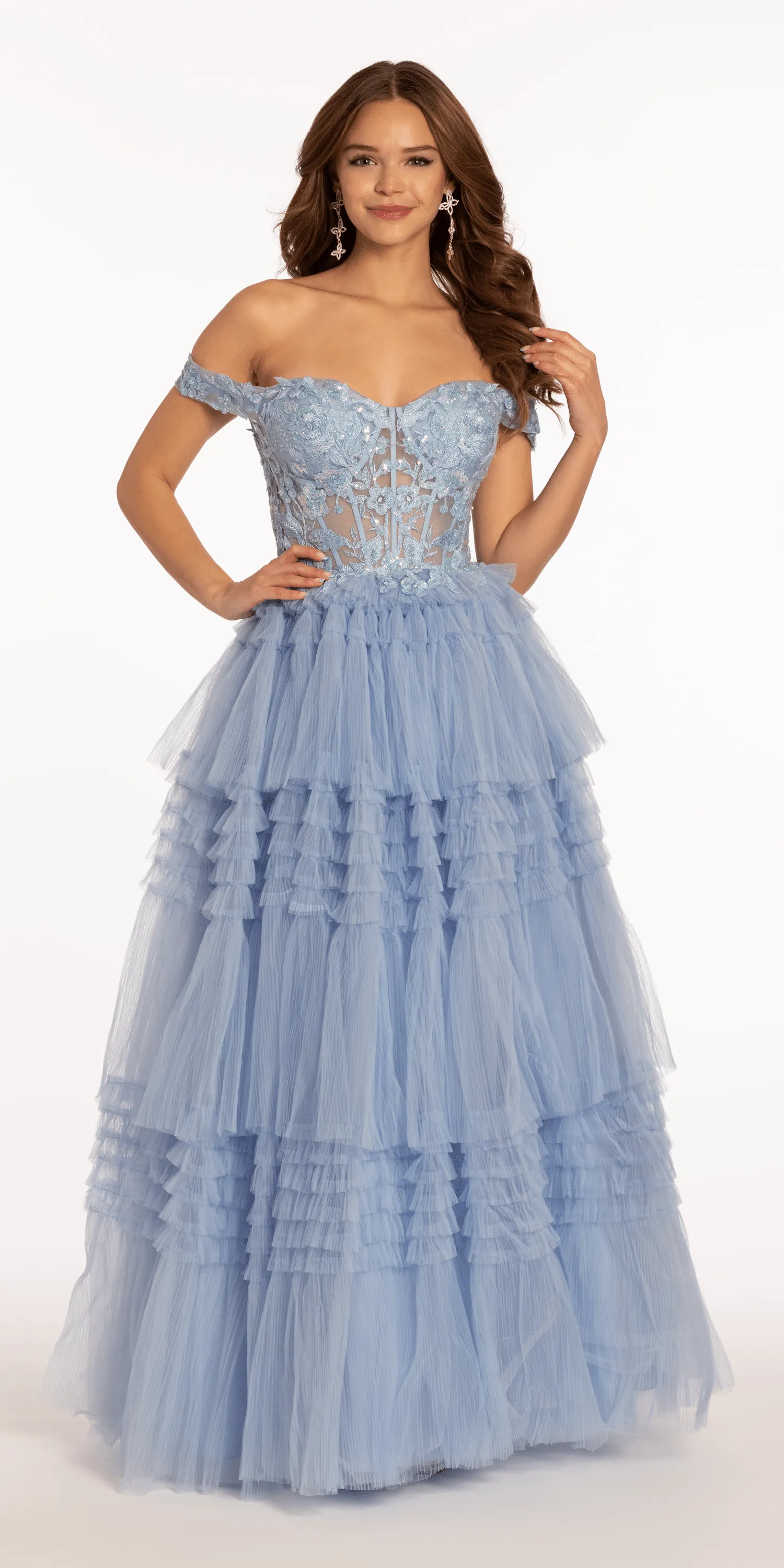 Off the Shoulder Mesh Applique Tiered Ballgown