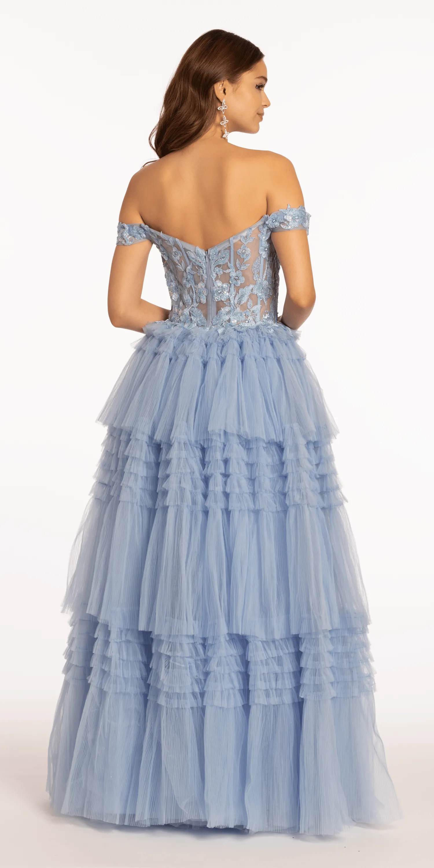 Off the Shoulder Mesh Applique Tiered Ballgown