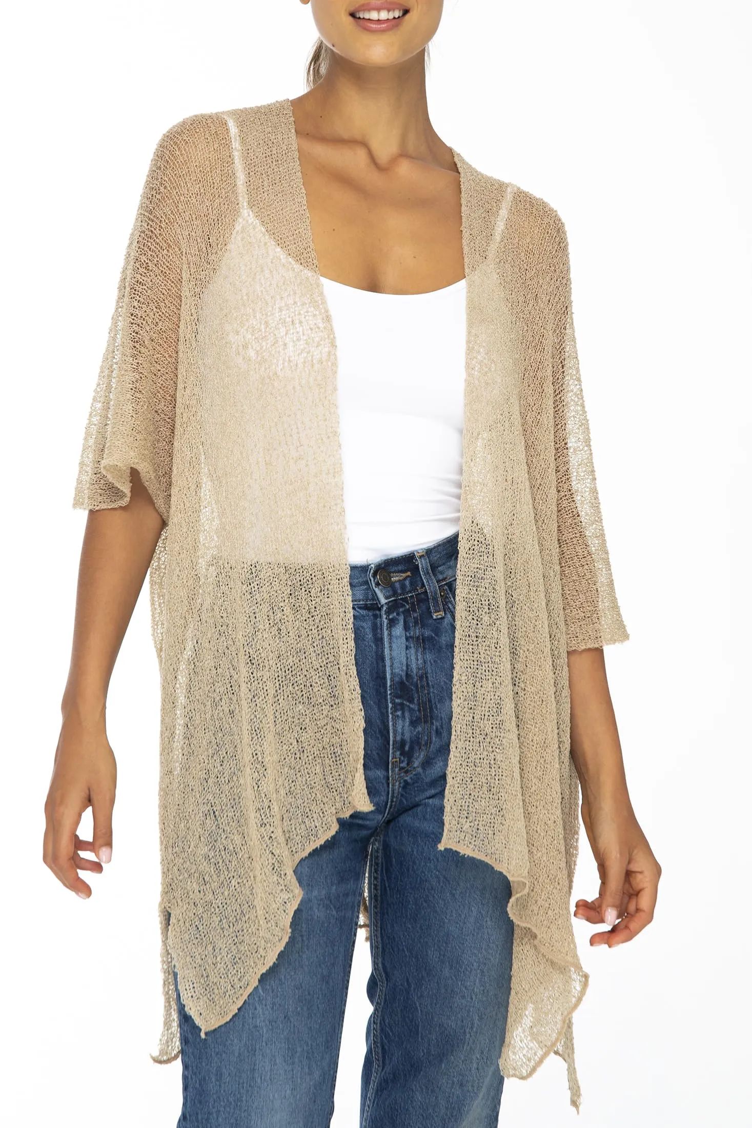 Open Front ¾ Sleeve Kimono Sweater with Curved Hem