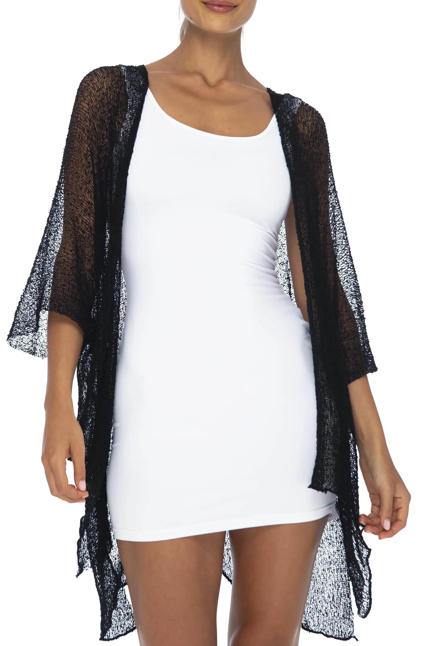 Open Front ¾ Sleeve Kimono Sweater with Curved Hem