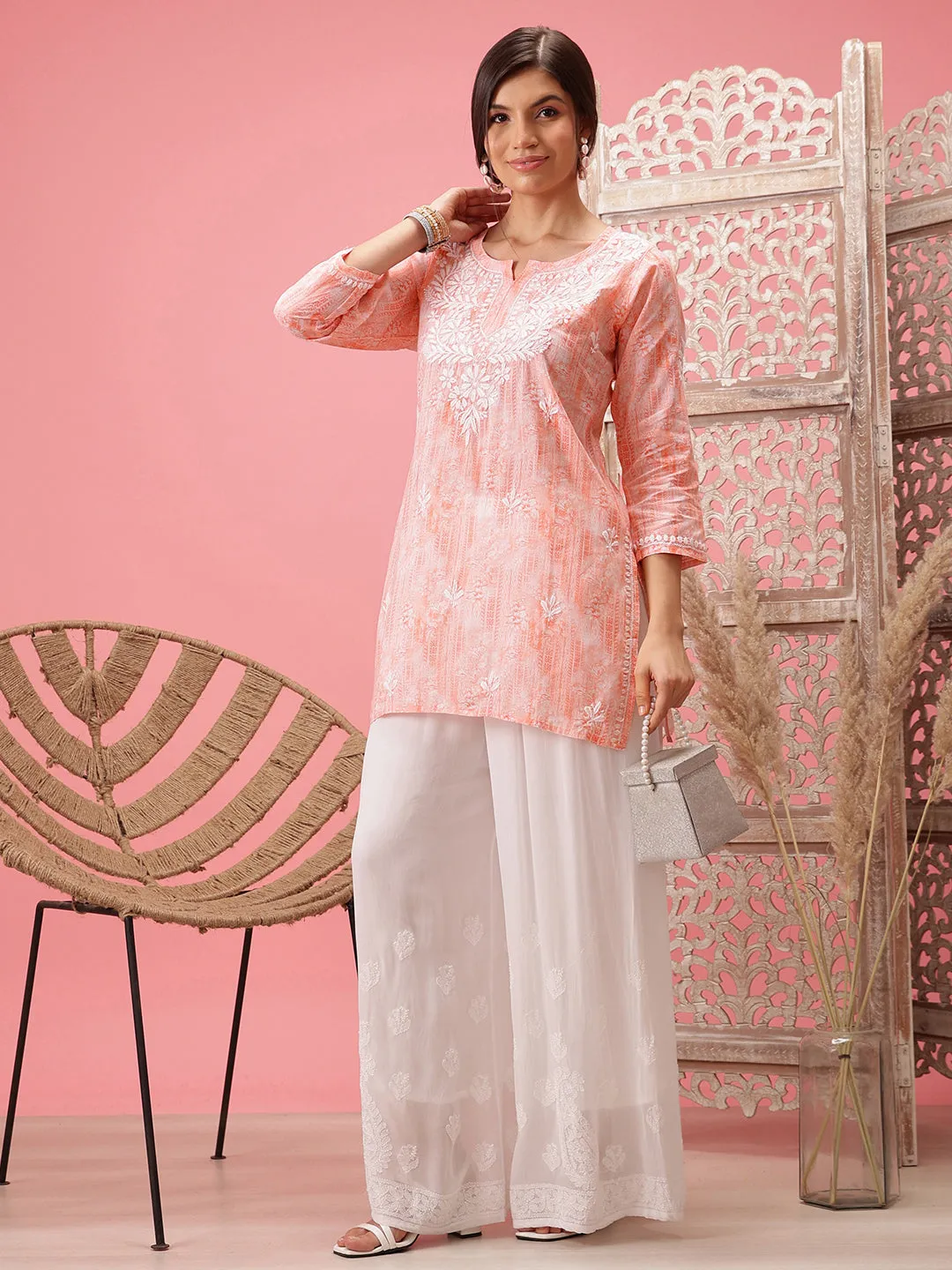 Peach & White Cotton Embroidered Chikankari Tunic