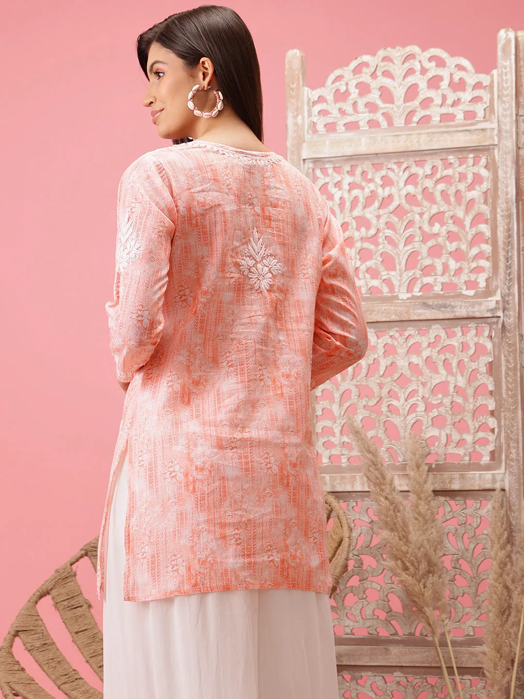 Peach & White Cotton Embroidered Chikankari Tunic