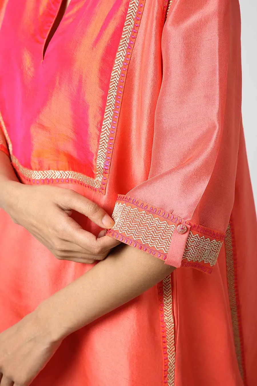 Peach Applique Silk Kurta