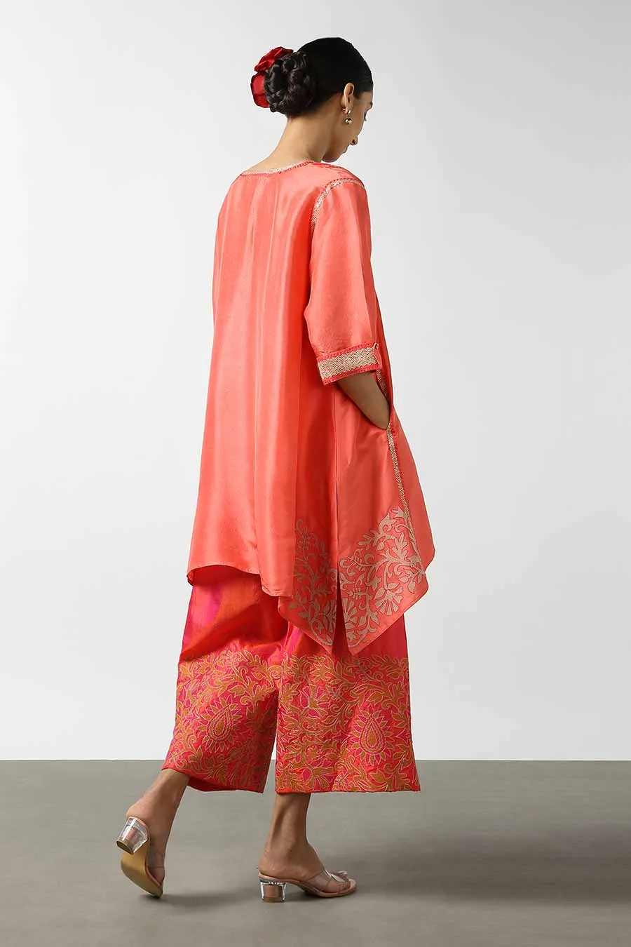 Peach Applique Silk Kurta