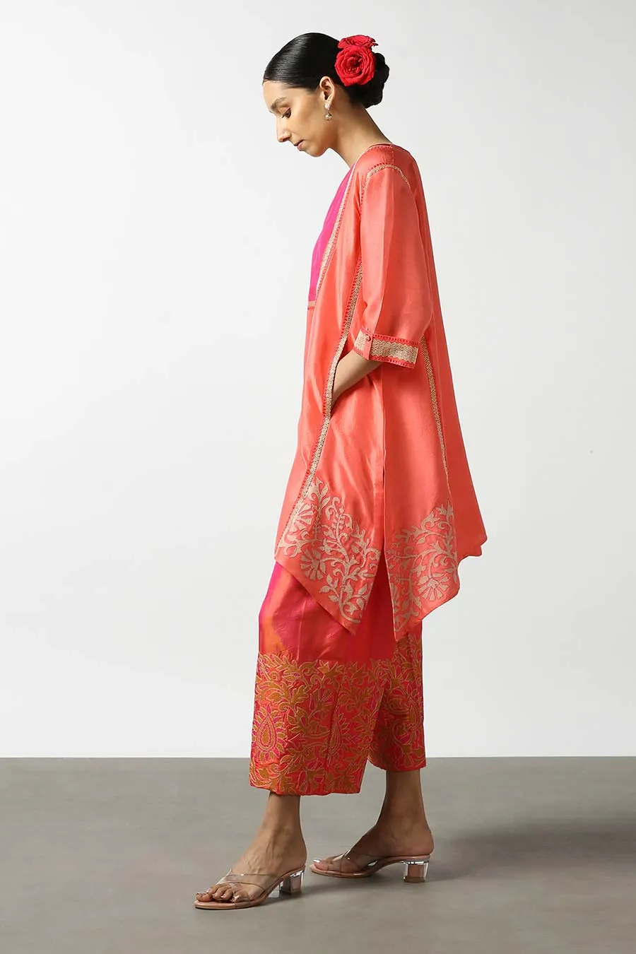 Peach Applique Silk Kurta