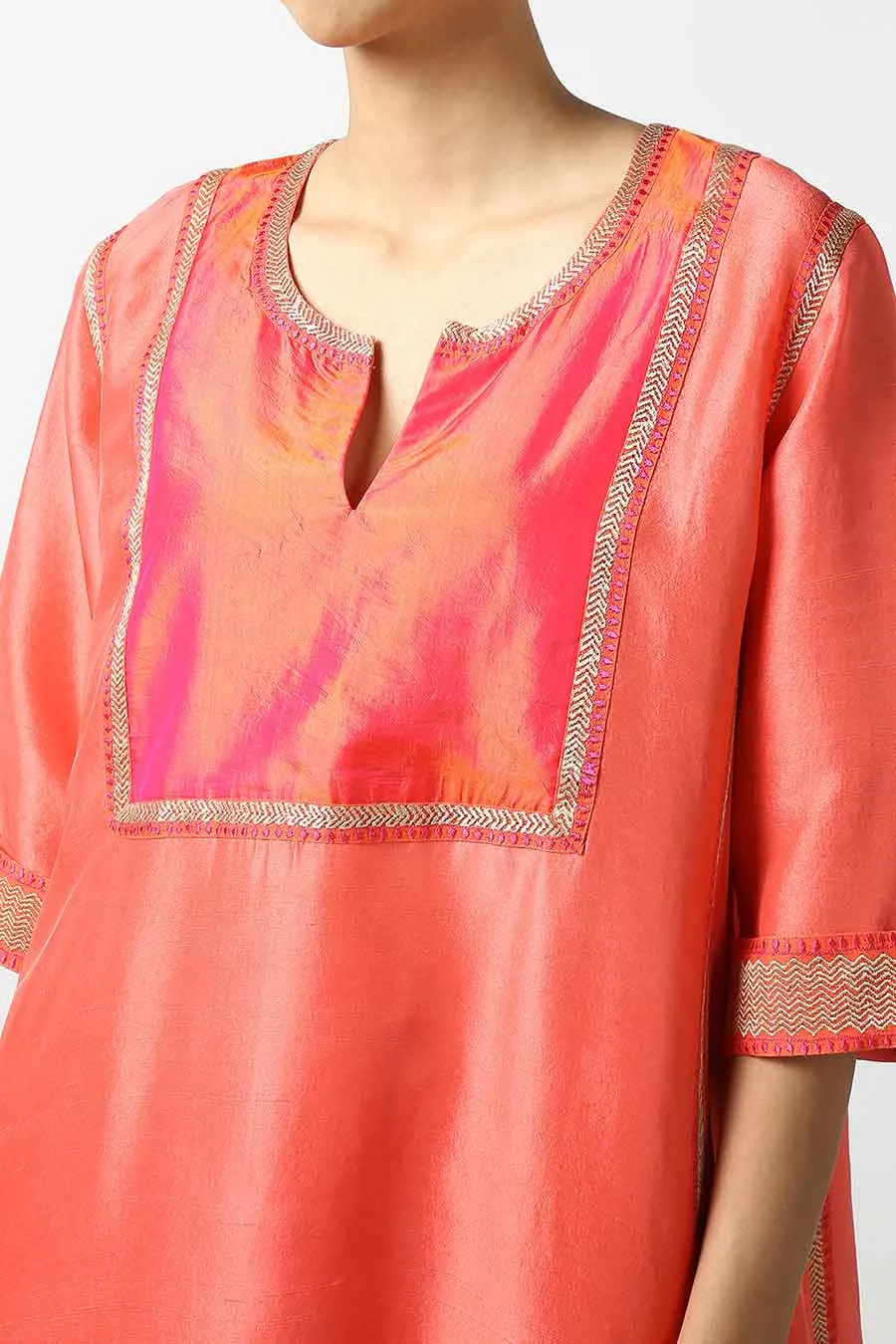 Peach Applique Silk Kurta