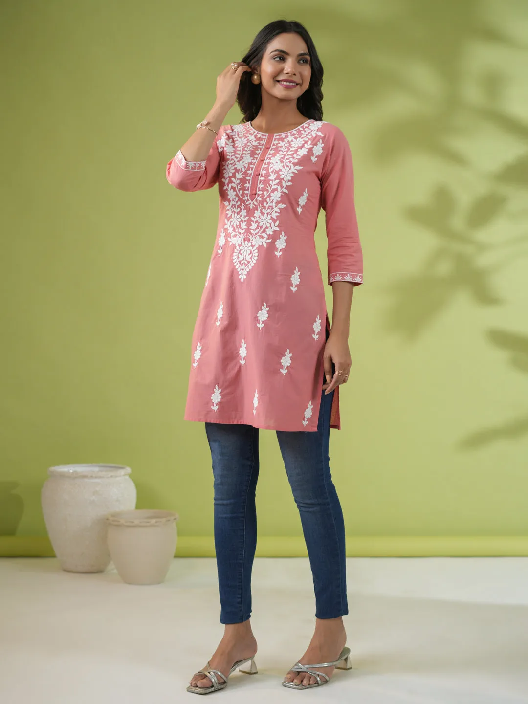 Peach Cambric Embroidered Straight Tunic