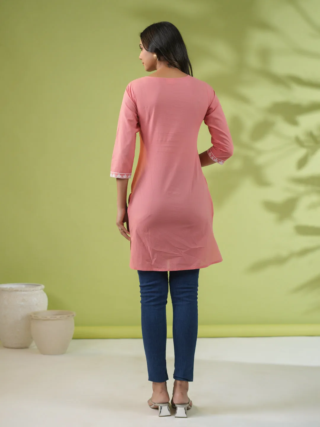 Peach Cambric Embroidered Straight Tunic