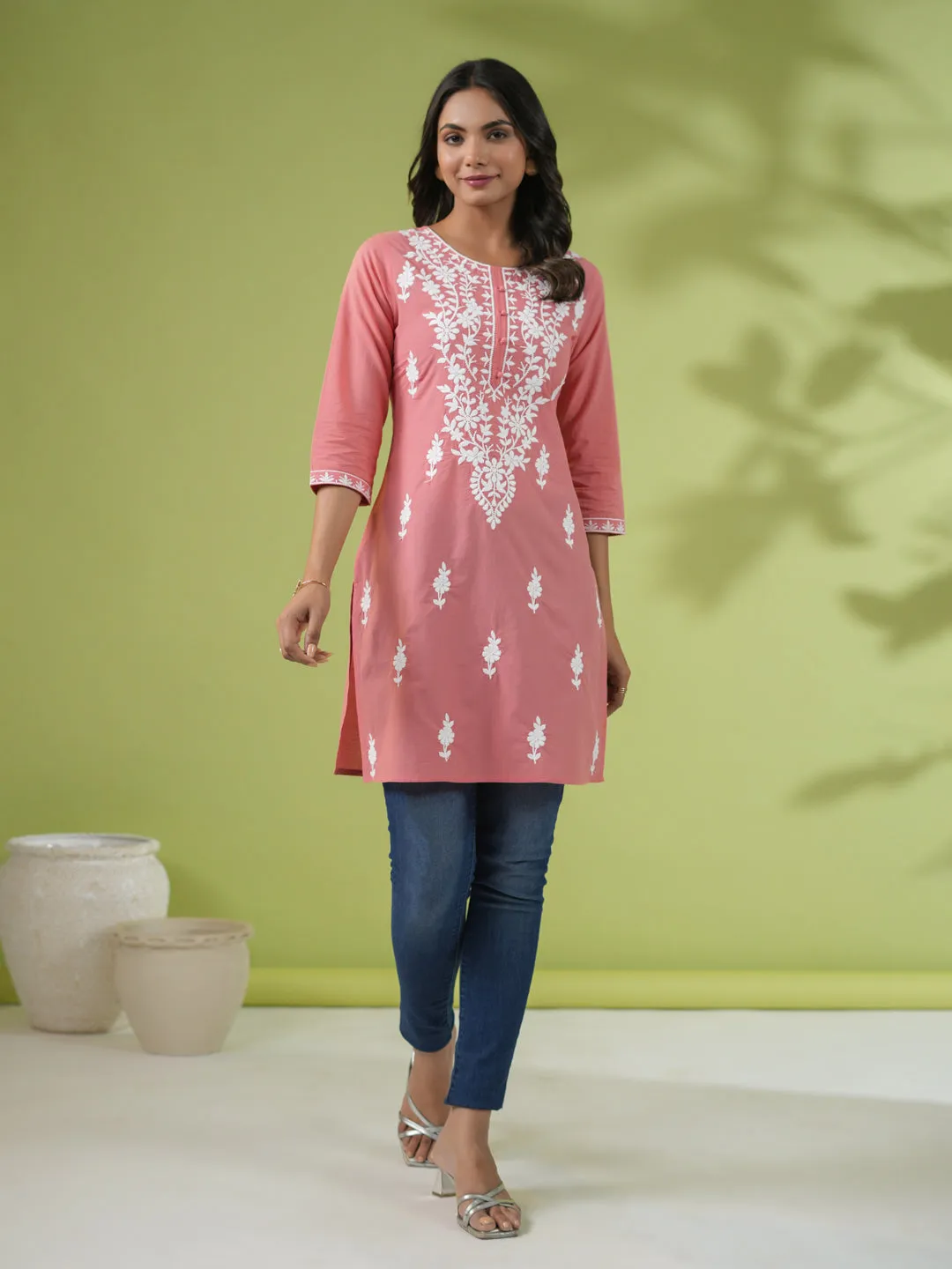 Peach Cambric Embroidered Straight Tunic