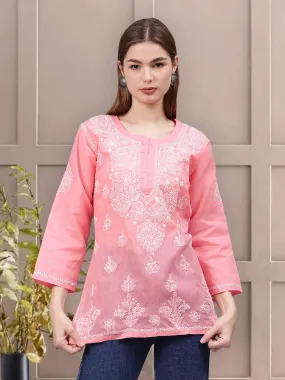 Peach Terivoil Cotton Embroidered Chikankari Tunic