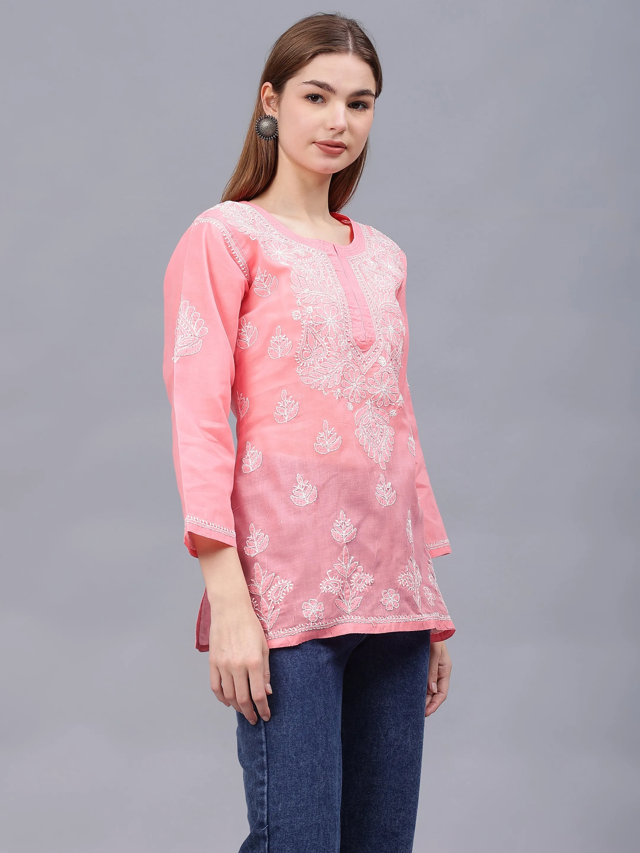 Peach Terivoil Cotton Embroidered Chikankari Tunic