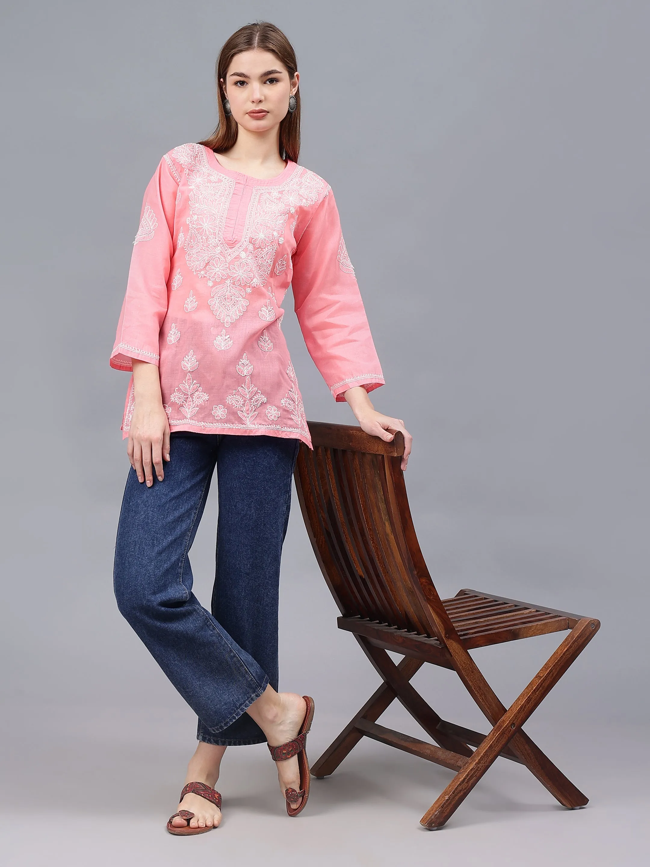 Peach Terivoil Cotton Embroidered Chikankari Tunic