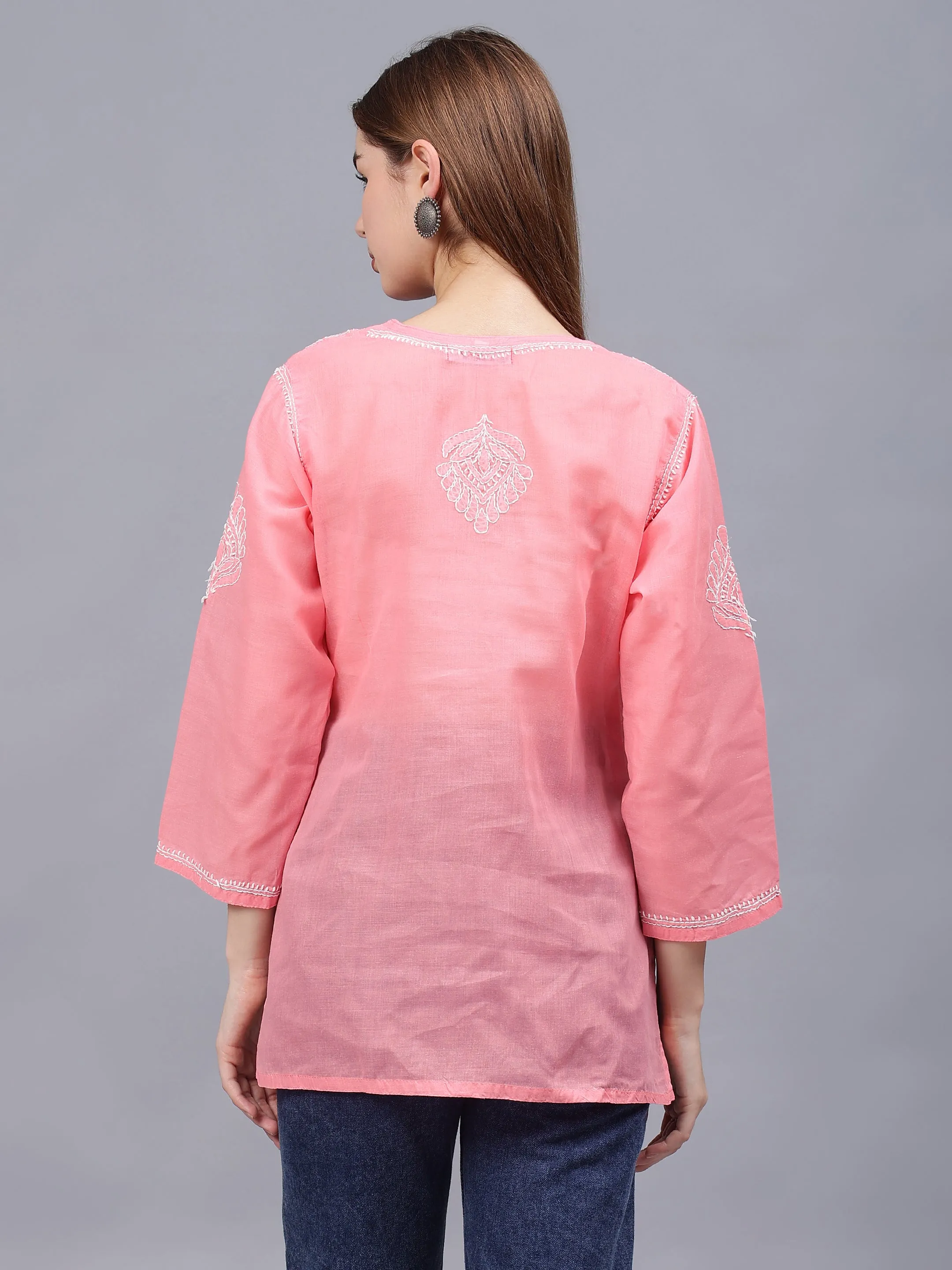 Peach Terivoil Cotton Embroidered Chikankari Tunic