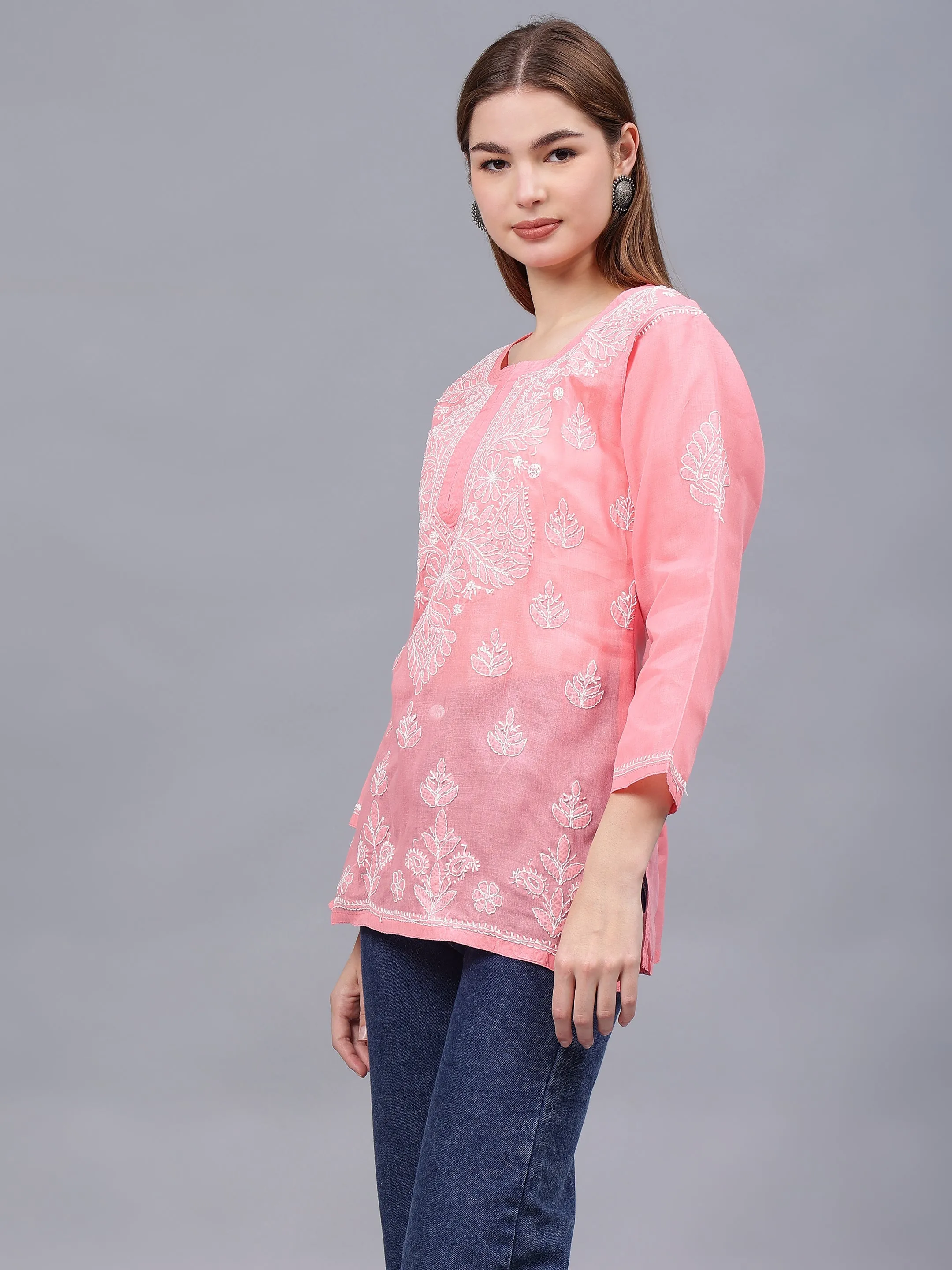 Peach Terivoil Cotton Embroidered Chikankari Tunic