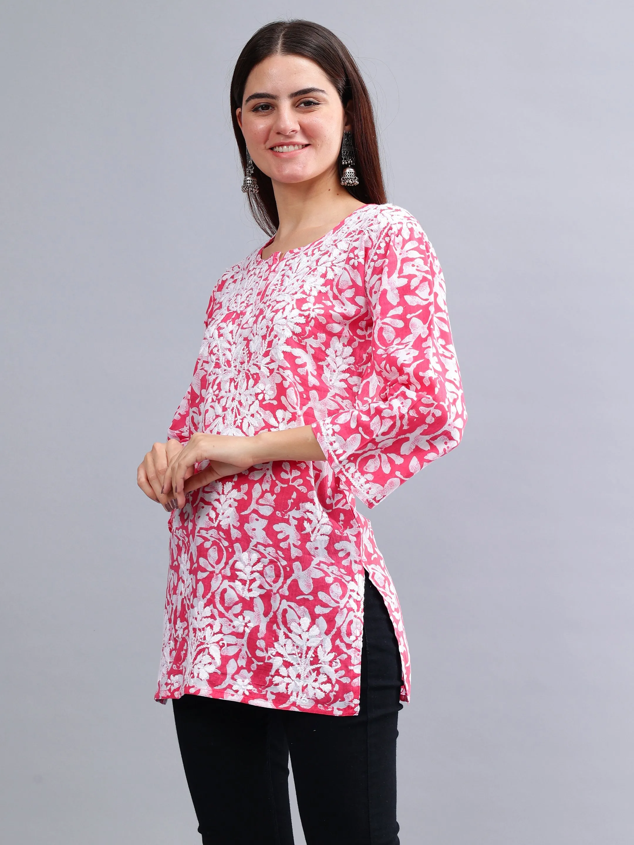 Pink Cotton Embroidered Chikankari Short Tunic