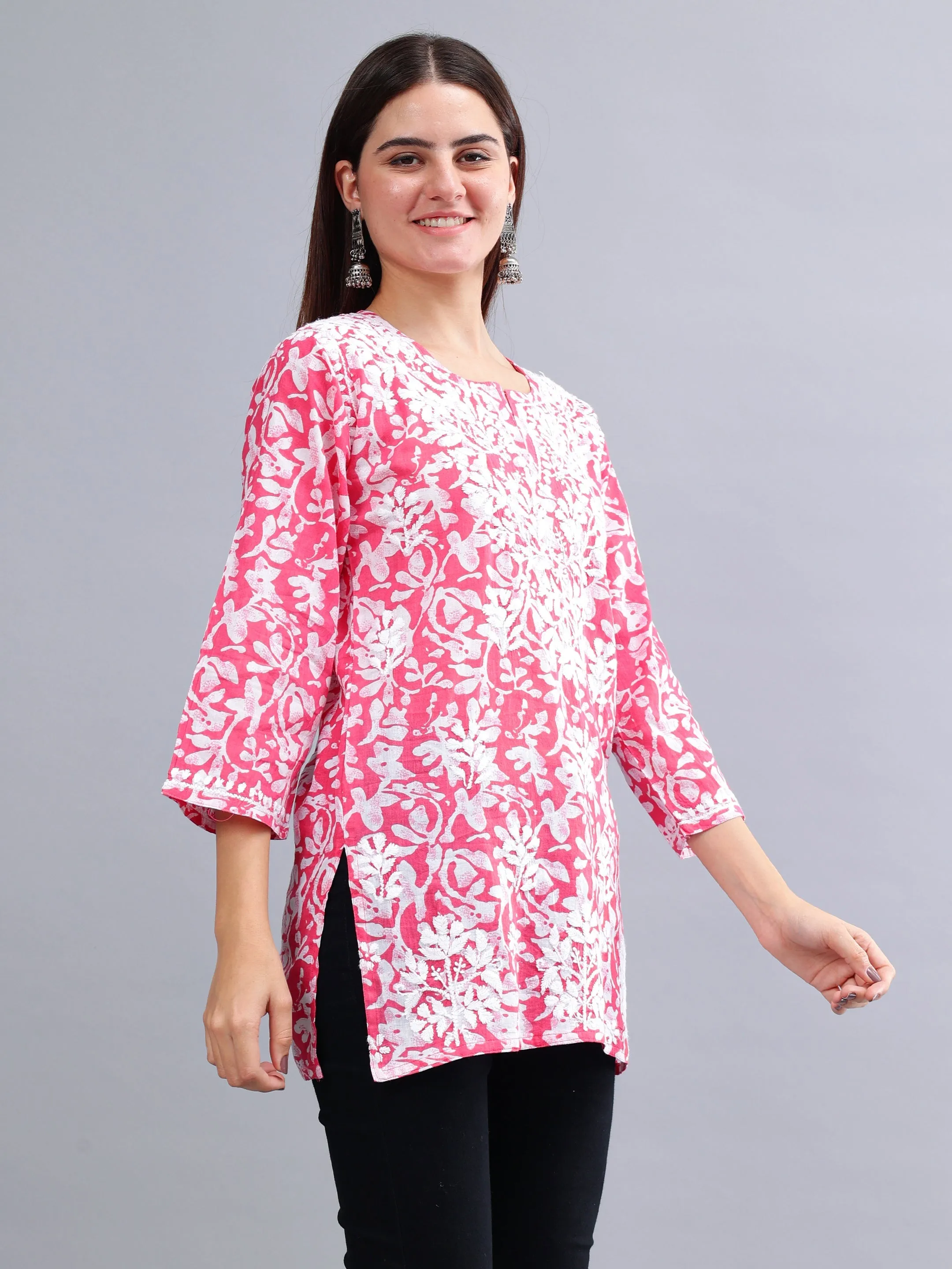 Pink Cotton Embroidered Chikankari Short Tunic