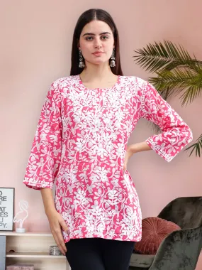 Pink Cotton Embroidered Chikankari Short Tunic