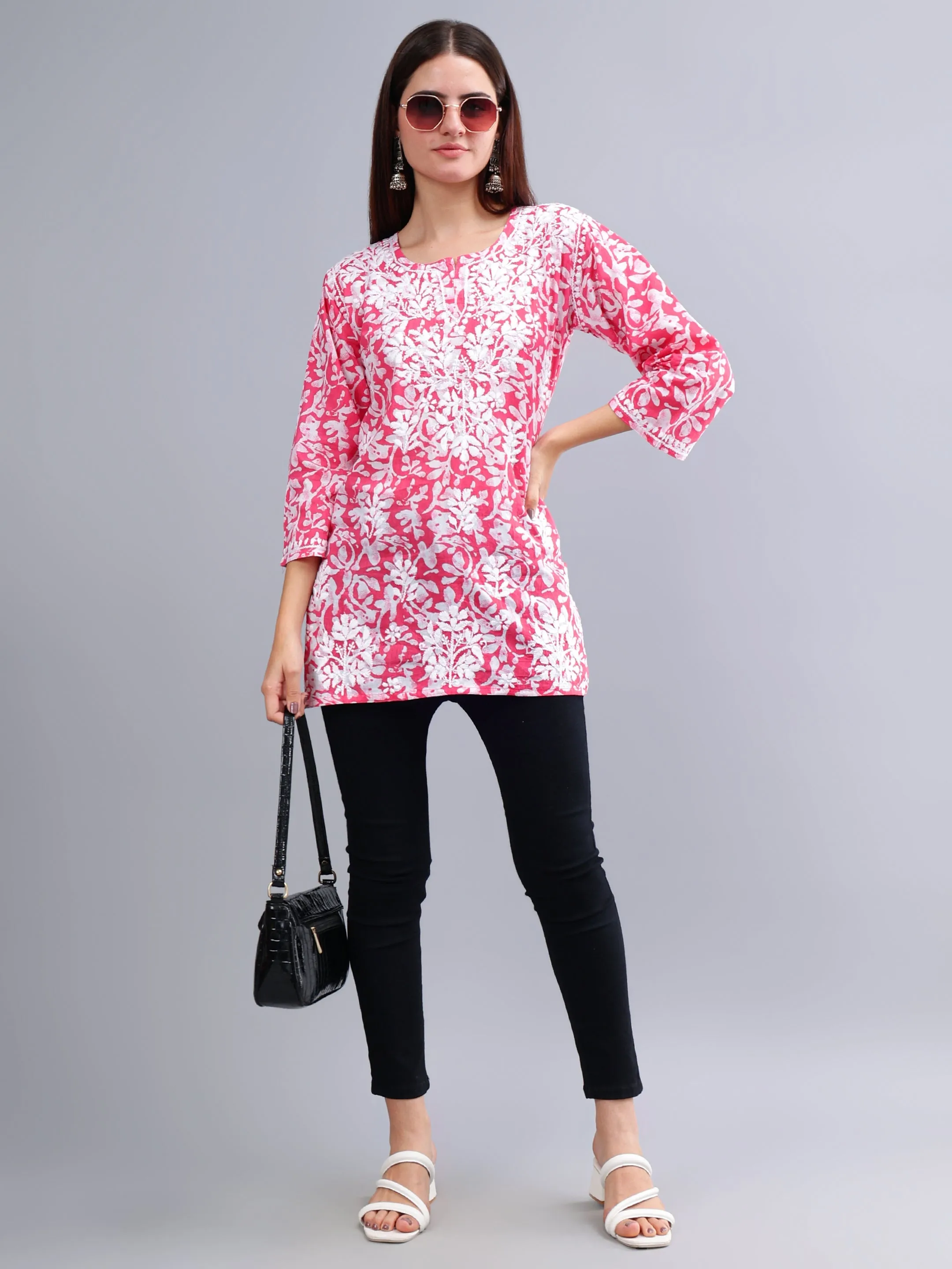 Pink Cotton Embroidered Chikankari Short Tunic