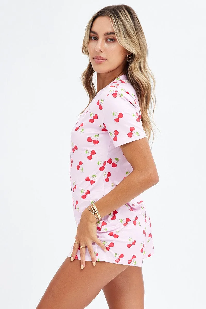 Pink Print Cherry Romper Button Through Nightwear Onesie