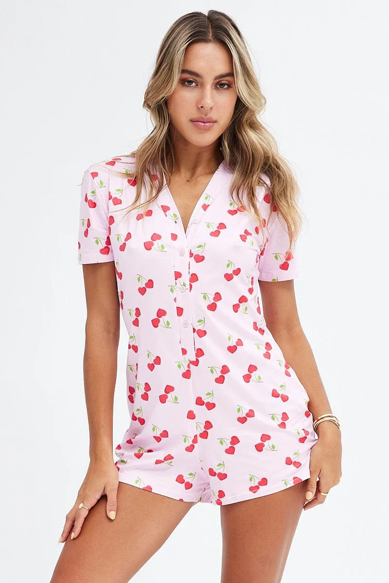 Pink Print Cherry Romper Button Through Nightwear Onesie